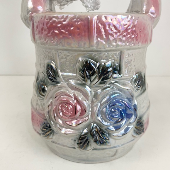 Vintage Mid Century Lusterware Pink Floral Wishing Well Planter & Water Bucket - Picture 2 of 16